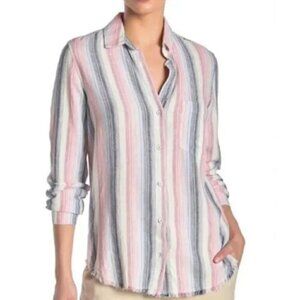 Cloth & Stone Frayed Hem Button Front Top Size Small /Pink Blue Striped Shirt